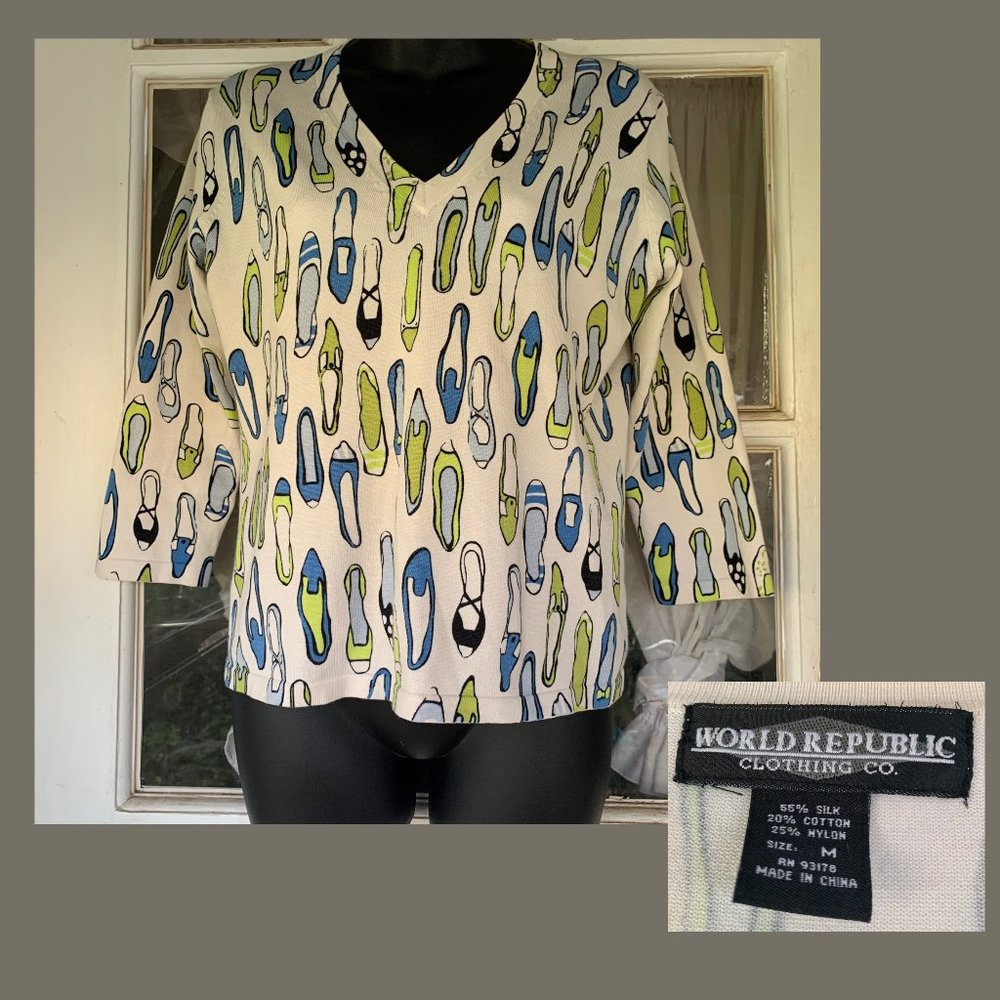 WORLD REPUBLIC Silk Blend Shoe Print Sweater Sz M